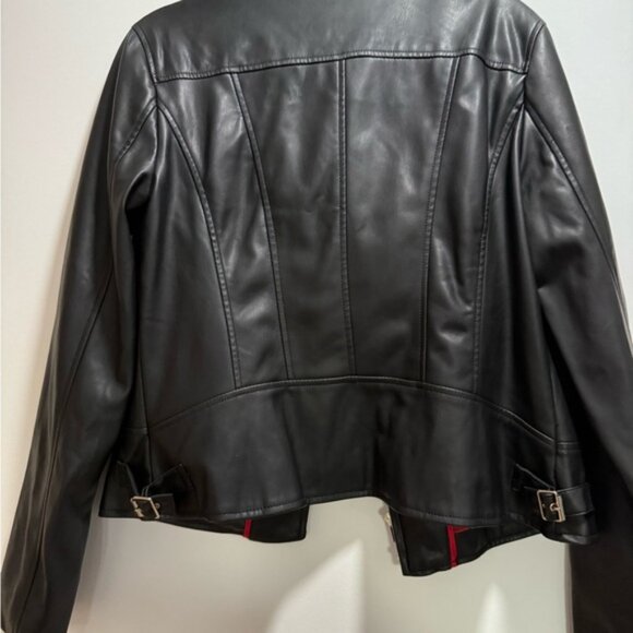 Tommy Hilfiger Black Faux Leather Motorcycle Jacket with Red Plaid Lining - Picture 4 of 5